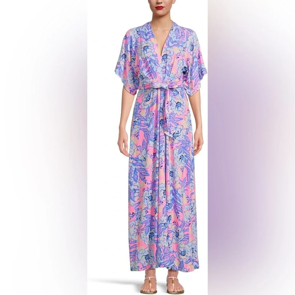lilly pulitzer wisteria v neck maxi dress ELBOW SLEEVE V-NECK DRESS, FIDDLE LEAF GREEN ESCAPE PLAN Palm Place delicate cycle Wisteria Lilly Pulitzer V Neck